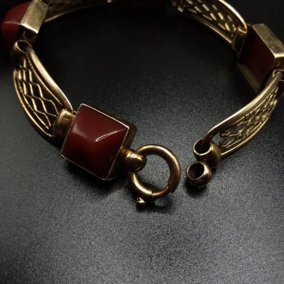 ANTIQUE Art Deco Bracelet | Carnelian Gold Panel Bracelet | Birmingham | Filigre - Picture 5 of 12